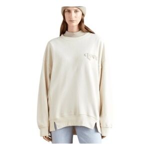 Aerie The Chill " Love"Crewneck Sweatshirt Cream French Terry Knit Distres